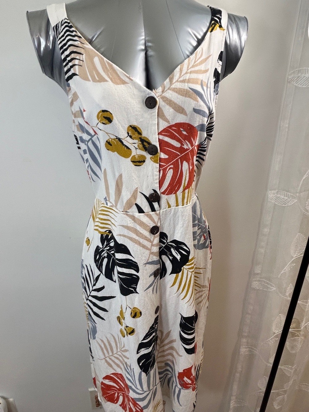 White Tropical Leaf Midi Dress with Button Front
